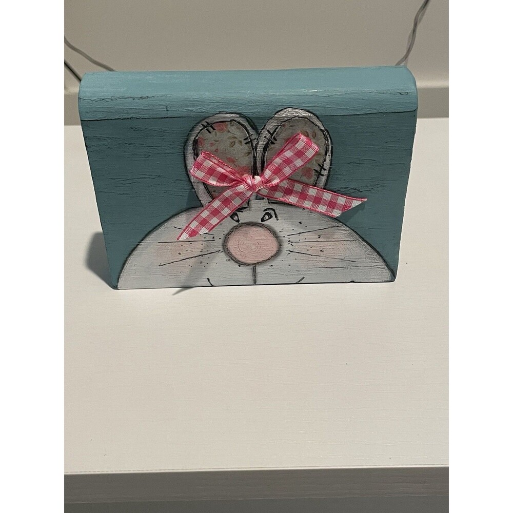 Hand Painted Blue Easter Bunny Wooden Block Face